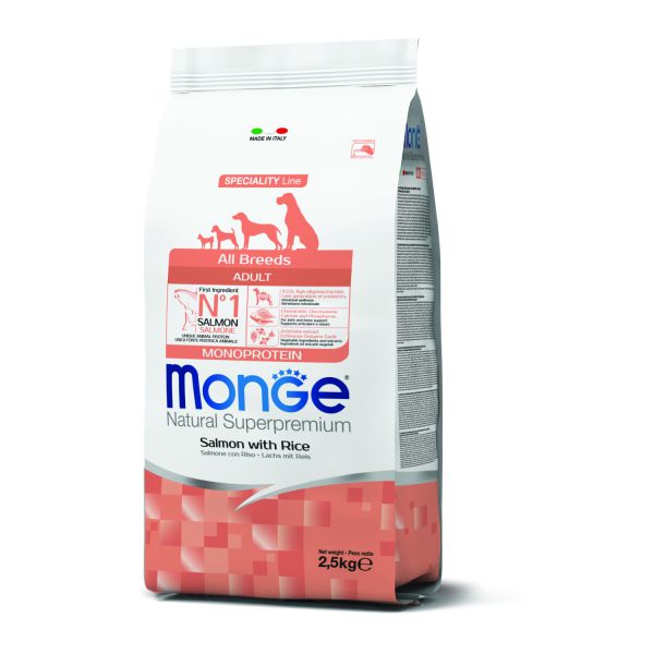 מונג' - מזון יבש לכלבים בוגרים מכל הגזעים - סלמון - 2.5 ק
